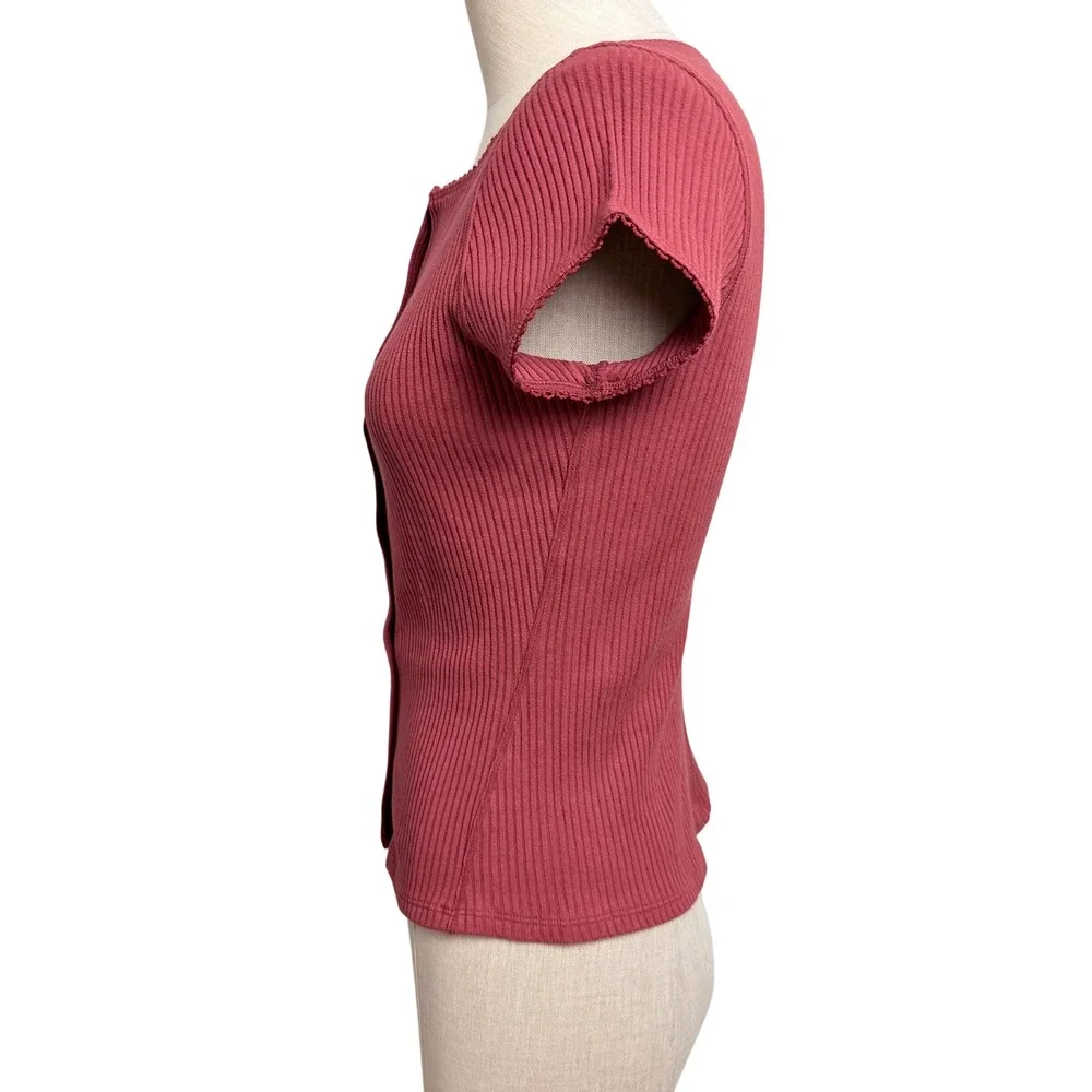 Free People Intimately Most Wanted Cardi Ribbed Button Top Red Lace Trim M